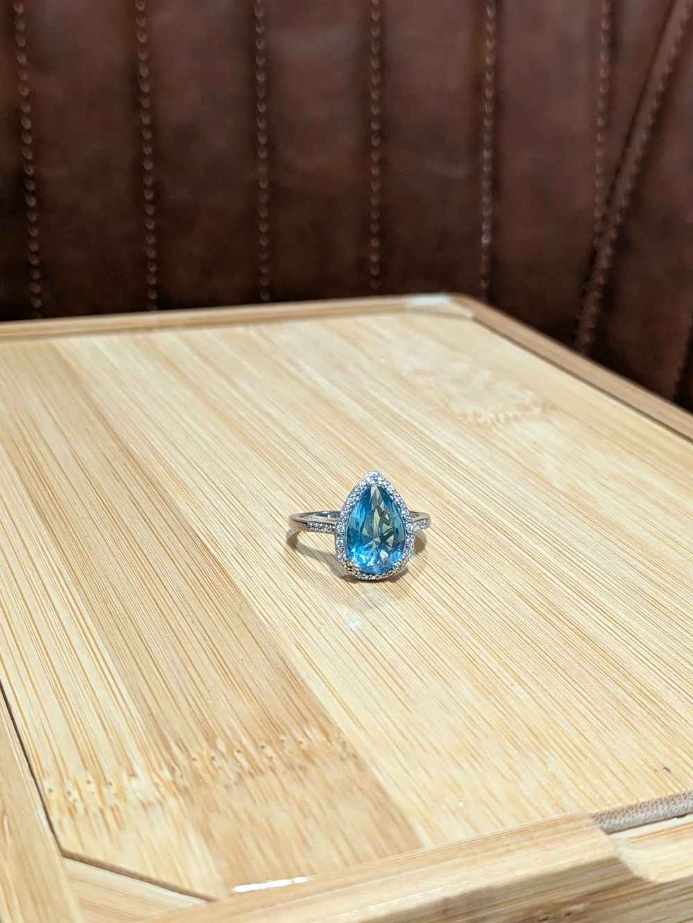Pear-Shaped Blue Gemstone Halo Ring - Elegant Women's Jewelry, Sterling Silver